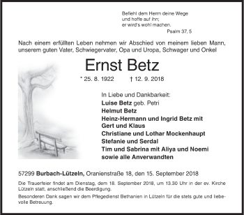 Traueranzeige von Ernst Betz von Siegener Zeitung