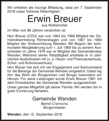 Traueranzeige von Erwin Breuer von Siegener Zeitung