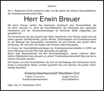 Traueranzeige von Erwin Breuer von Siegener Zeitung