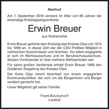 Traueranzeige von Erwin Breuer von Siegener Zeitung