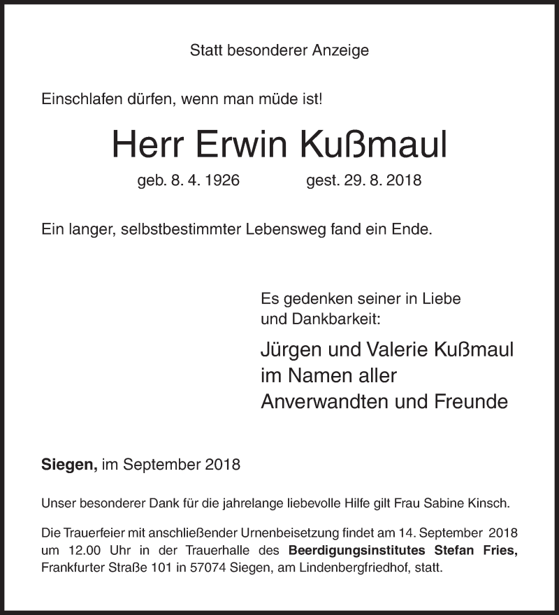  Traueranzeige für Erwin Kußmaul vom 08.09.2018 aus Siegener Zeitung