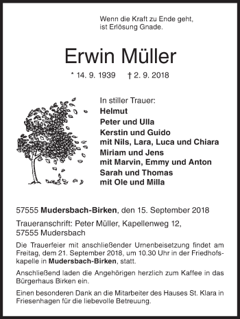 Traueranzeige von Erwin Müller von Siegener Zeitung