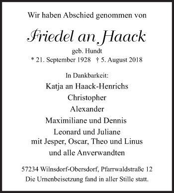 Traueranzeige von Friedel an Haack von Siegener Zeitung