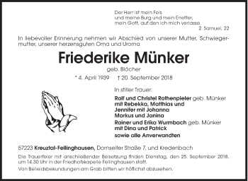 Traueranzeige von Friederike Münker von Siegener Zeitung