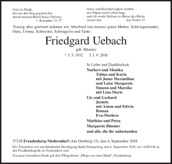Traueranzeige von Friedgard Uebach von Siegener Zeitung