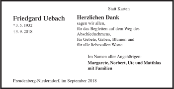 Traueranzeige von Friedgard Uebach von Siegener Zeitung