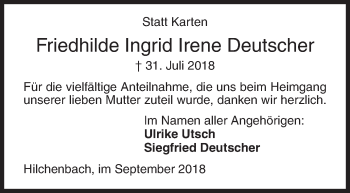 Traueranzeige von Friedhilde Ingrid Irene Deutscher von Siegener Zeitung