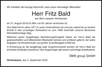 Traueranzeige von Fritz Bald von Siegener Zeitung