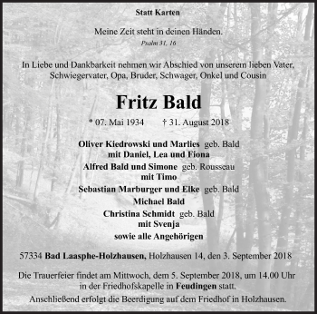 Traueranzeige von Fritz Bald von Siegener Zeitung
