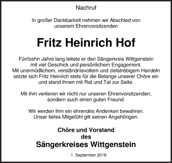 Traueranzeige von Fritz Heinrich Hof von Siegener Zeitung