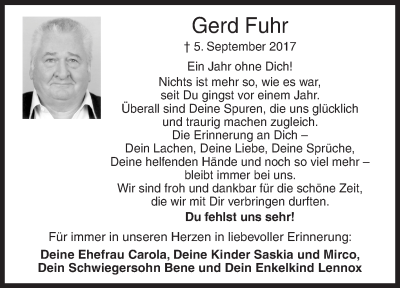  Traueranzeige für Gerd Fuhr vom 05.09.2018 aus Siegener Zeitung