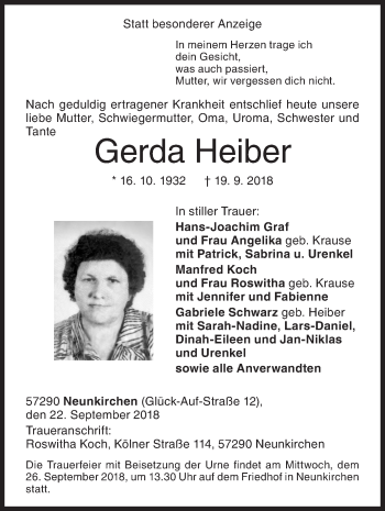 Traueranzeige von Gerda Heiber von Siegener Zeitung