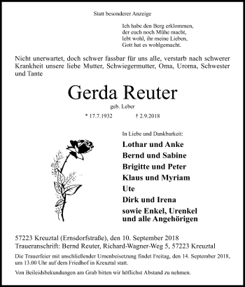 Traueranzeige von Gerda Reuter von Siegener Zeitung