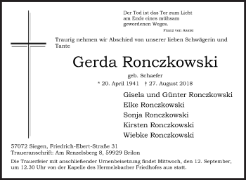 Traueranzeige von Gerda Ronczkowski von Siegener Zeitung