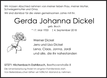 Traueranzeige von Gerda Johanna Dickel von Siegener Zeitung