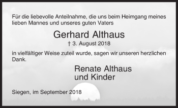Traueranzeige von Gerhard Althaus von Siegener Zeitung
