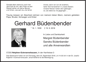 Traueranzeige von Gerhard Büdenbender von Siegener Zeitung