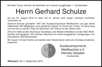 Traueranzeige von Gerhard Schulze von Siegener Zeitung