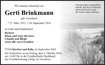 Traueranzeige von Gerti Brinkmann von Siegener Zeitung