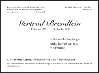 Traueranzeige von Gertrud Brendlein von Siegener Zeitung