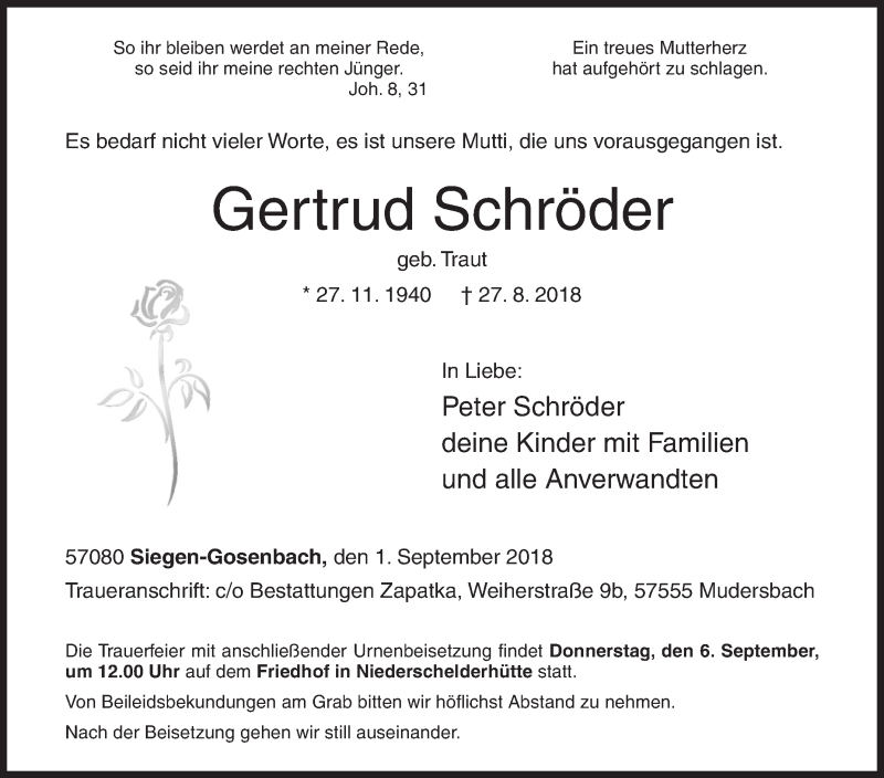  Traueranzeige für Gertrud Schröder vom 01.09.2018 aus Siegener Zeitung
