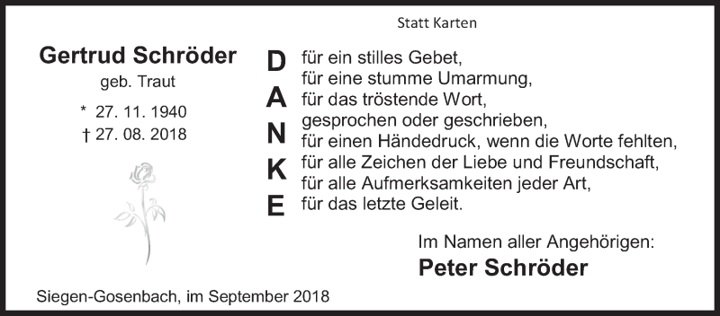  Traueranzeige für Gertrud Schröder vom 29.09.2018 aus Siegener Zeitung