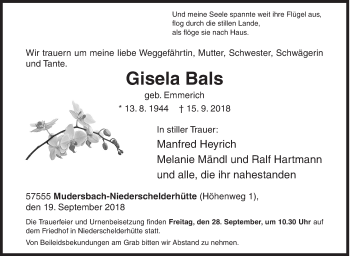 Traueranzeige von Gisela Bals von Siegener Zeitung