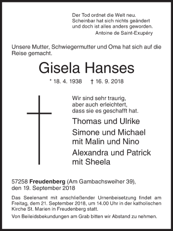 Traueranzeige von Gisela Hanses von Siegener Zeitung