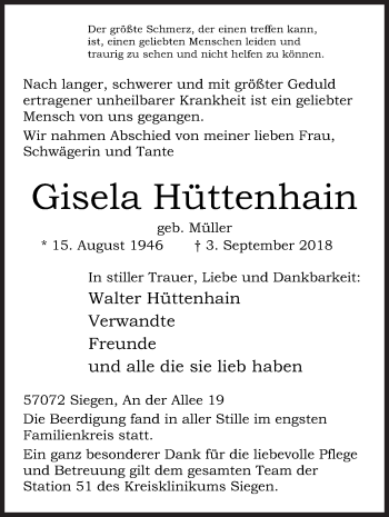 Traueranzeige von Gisela Hüttenhain von Siegener Zeitung