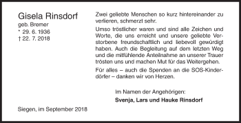 Traueranzeige von Gisela Rinsdorf von Siegener Zeitung
