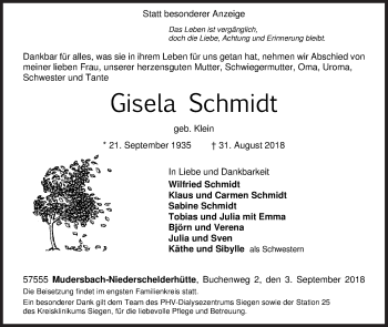 Traueranzeige von Gisela Schmidt von Siegener Zeitung
