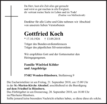 Traueranzeige von Gottfried Koch von Siegener Zeitung