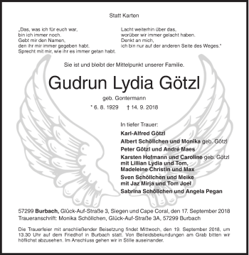 Traueranzeige von Gudrun Lydia Götzl von Siegener Zeitung