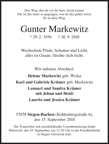 Traueranzeige von Gunter Markewitz von Siegener Zeitung
