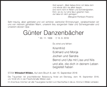 Traueranzeige von Günter Danzenbächer von Siegener Zeitung