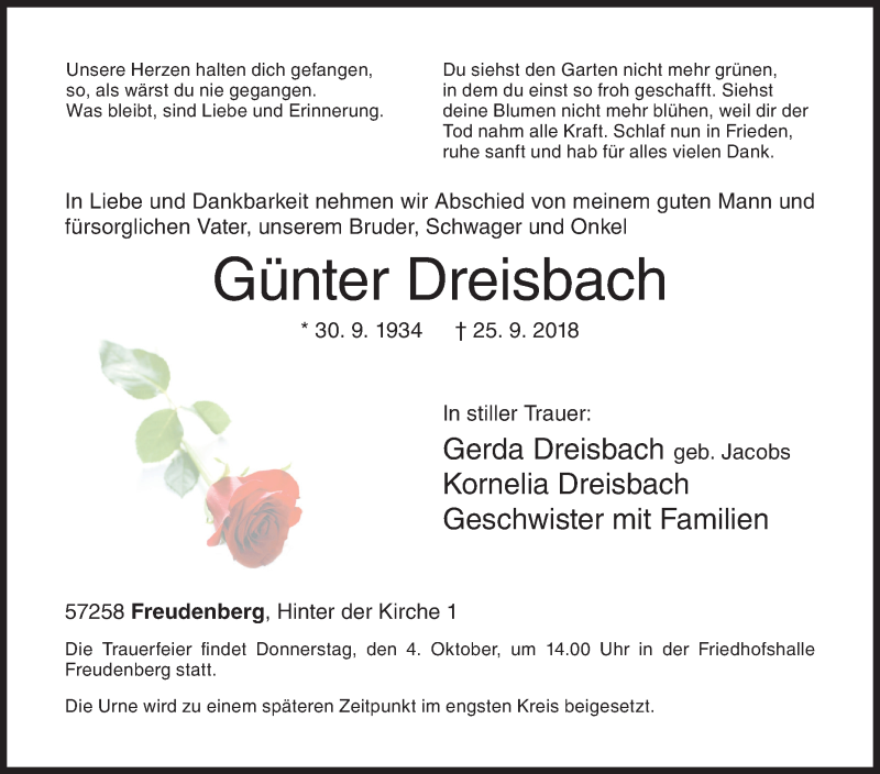  Traueranzeige für Günter Dreisbach vom 29.09.2018 aus Siegener Zeitung