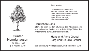 Traueranzeige von Günter Homrighausen von Siegener Zeitung