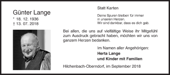 Traueranzeige von Günter Lange von Siegener Zeitung