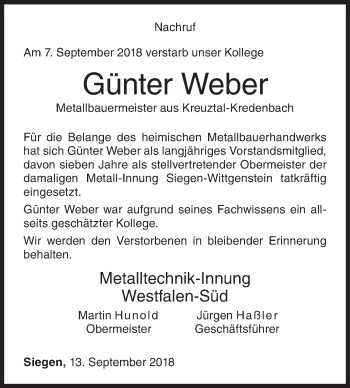 Traueranzeige von Günter Weber von Siegener Zeitung