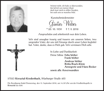Traueranzeige von Günter Weber von Siegener Zeitung