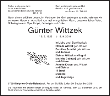 Traueranzeige von Günter Wittzek von Siegener Zeitung