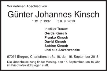 Traueranzeige von Günter Johannes Kinsch von Siegener Zeitung