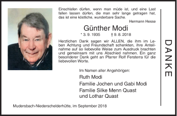 Traueranzeige von Günther Modi von Siegener Zeitung