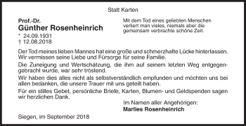 Traueranzeige von Günther Rosenheinrich von Siegener Zeitung