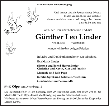 Traueranzeige von Günther Leo Linder von Siegener Zeitung