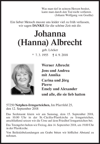 Traueranzeige von Hanna Albrecht von Siegener Zeitung