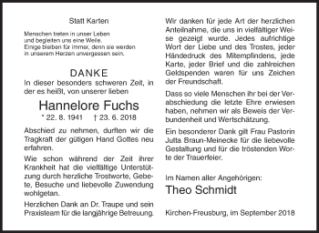 Traueranzeige von Hannelore Fuchs von Siegener Zeitung