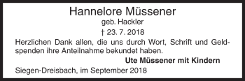 Traueranzeige von Hannelore Müssener von Siegener Zeitung
