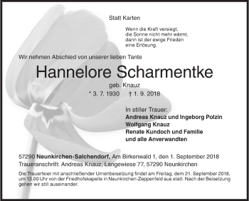 Traueranzeige von Hannelore Scharmentke von Siegener Zeitung