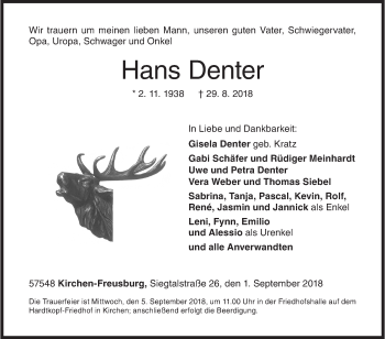 Traueranzeige von Hans Denter von Siegener Zeitung